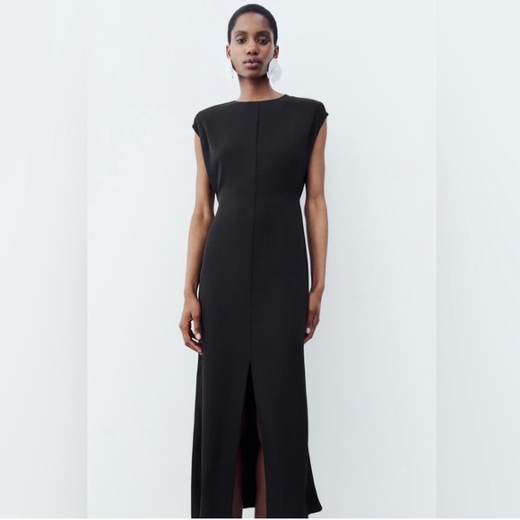 ZARA Shoulder Pad Crepe Midi Dress Black Fitted waist shoulder pads Size S NWT - Picture 7 of 16